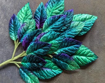 Velvet Leaves Teal Turquoise Green Purple Peacock Ombre Millinery Beautiful Spray of 18 for Hats Scrapbooking, Fascinators Crafts