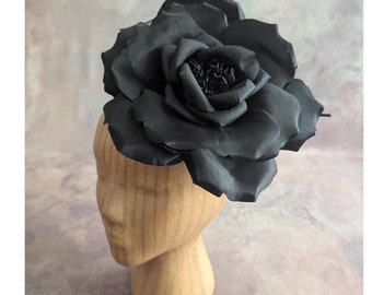 9 Inch Large Black Rose Millinery Flower Silk and Satin Handmade for Hats Fascinators Gowns Costumes Not Ready to Wear