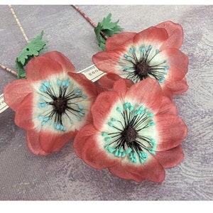 3&quot; Vintage Millinery Anemone  Set of 3 Coral Rust Silk Flower NOS Germany for Hats Fascinators Crowns Brooch Crafts
