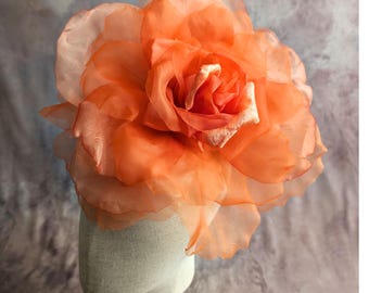 Large 12" Tangerine Orange Silk and Velvet Rose Millinery Flower for Hats Gowns Fascinators Not Ready to Wear
