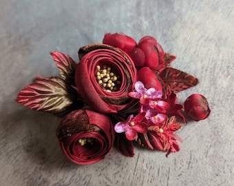 Gorgeous Silk and Velvet Rose Cluster Forget Me Nots Rich Red Bronze Holiday Corsage Hat Millinery 3FN0098R