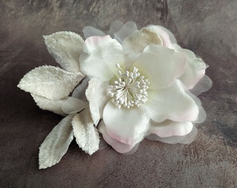 Large Silk and Velvet Rose White Green Pale Pink Large Millinery Flower with Leaves for Weddings, Hats, Fascinators S772