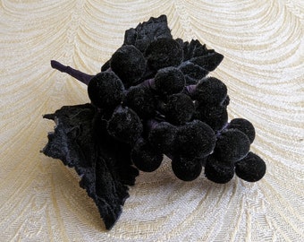 Black Velvet Grapes with Vine and Leaves Millinery Berries for Hats, Floral Arrangements