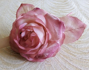 4" Pink Shaded Satin and Velvet Rose Vintage Millinery Flower with Leaves from Europe for Hats Gowns Fascinators Unused NOS 4FV0174P