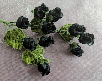 Vintage Velvet Rose Buds Black Millinery Flowers Spray of 10 for Hats, Corsages, Crafts