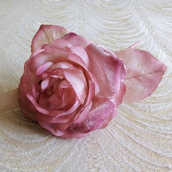 4" Pink Shaded Satin and Velvet Rose Vintage Millinery Flower with Leaves from Europe for Hats Gowns Fascinators Unused NOS 4FV0174P
