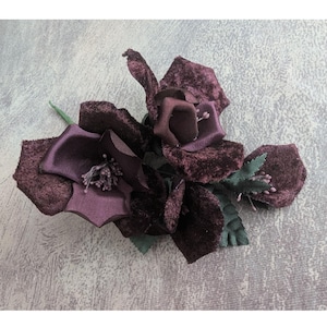 Satin and Velvet Millinery Flower Cluster Aubergine Dark Plum Purple for Corsage Hats Sash Gowns