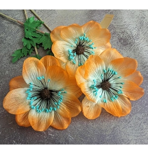 3&quot; Vintage Millinery Anemone Set of 3 Orange Silk Flowers NOS Germany for Hats Fascinators Crowns Crafts