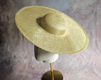 15" Khaki Yellow Cartwheel Hatinator Base with Sleeve for Headband Sinamay Round Hat Form DIY Fascinator Millinery Supply Not Ready to Wear