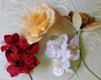 CLEARANCE SALE Lot of 4 Velvet Millinery Flowers NOS Roses Orchid Red Gold Lavender European Made for Hats, Fascinators, Gowns S369