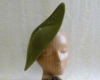 12" Moss Green Hat Base Fascinator Hat Form for DIY Millinery Supply Teardrop Shape Buckram 30cm Wide Upturned Brim Not Ready To Wear