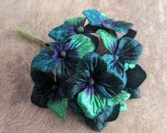 Small Velvet Blossom Bunch of 10 Teal Green Purple Peacock Ombre Millinery Flowers for Hats, Crafts