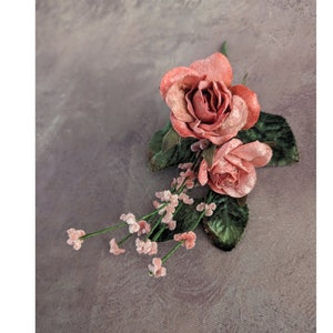 Velvet Roses Salmon Pink with Millinery Leaves and Forget Me Nots Cluster for Weddings Hats Corsages 3FN0074OR