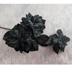 Vintage Black Velvet Millinery Flowers Spray of 3 with Leaves NOS for Hats Fascinators Crafts S670
