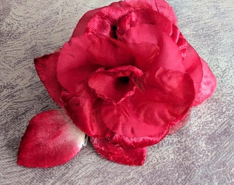 4" Vintage Fuchsia Silk and Velvet Rose with Leaves Dark Hot Pink NOS European Handmade for Hats Fascinators S213