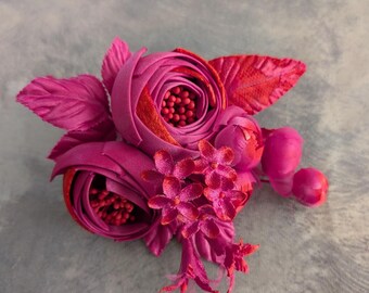 Handmade Silk and Velvet Rose Cluster Forget Me Nots Fuchsia Red for Hats, Corsage, Gowns