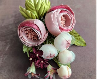 Handmade Silk and Velvet Rose Cluster Forget Me Nots Pink for Hats, Corsage, Gowns
