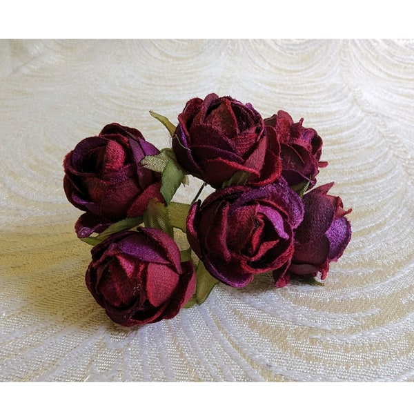 Rose Buds Bunch of 6 Small Shaded Burgundy Fabric Millinery Flowers for Hats Hair Clips Bridal Crowns Crafts