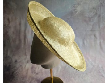 15" Khaki Yellow Hat Base Sinamay Straw Navy Upturned Hatinator Form with Headband Sleeve DIY Millinery Supply Not Ready to Wear
