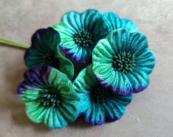 Velvet Millinery Flowers Teal Turquoise Green Purple Peacock Ombre Shaded Poppies Yo Yo for Hats, Fascinators, Crafts