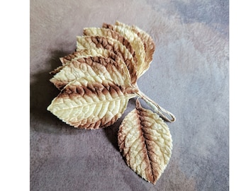Large Ombre Velvet Leaves Vintage Ivory Brown Millinery Bunch of 12 for Hats Crafts Scrapbooking NOS 7LS0007B
