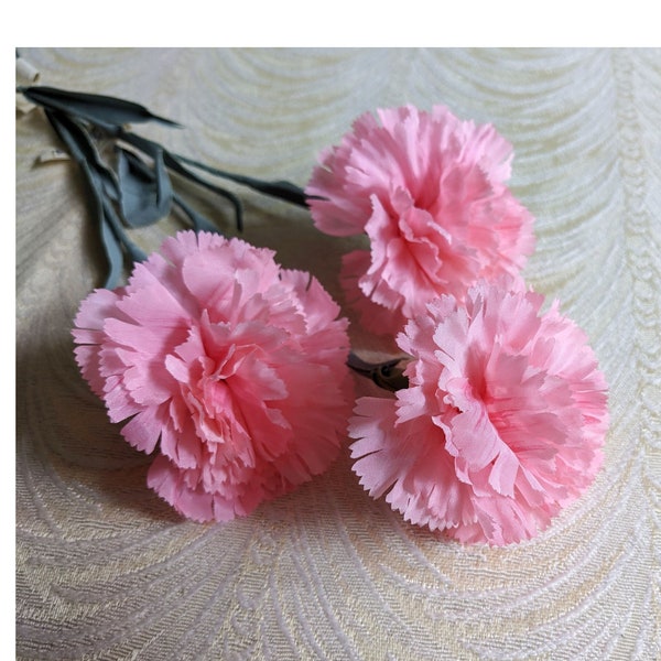 3 Vintage Pink Carnations NOS Millinery Flowers Long Stem from Europe for Hats Bouquets Fascinators Floral Arrangements Crafts