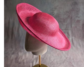 15" Hot Pink Hat Base Sinamay Straw Upturned Round Brim Hatinator Form with Headband Sleeve DIY Millinery Supply Not Ready to Wear