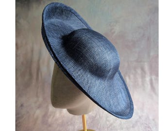 15" Navy Blue Hat Base Sinamay Straw Navy Upturned Hatinator Form with Headband Sleeve DIY Millinery Supply Not Ready to Wear