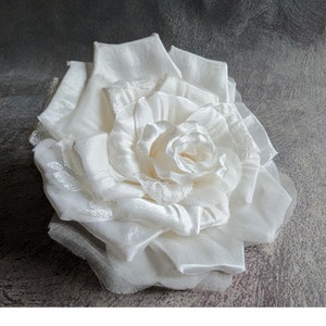 6.5" White Silk and Lace Millinery Rose for Hats Fascinators Weddings Gowns Costumes S417