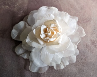 7.5" Ivory Rose Satin Organdy Velvet Millinery Flower with Pin for Hats Gowns Sashes Fascinators