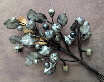 Vintage Millinery Cherries Berries Gunmetal Gray Silver Pearl Spray with Leaves NOS Germany Fruit for Hats Costumes Flower Crowns Crafts
