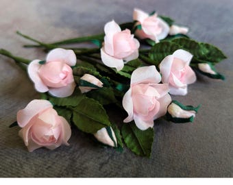 Tiny .75" Roses with Buds Set of 6 Sprigs for Dolls Corsages Boutonnieres Vintage NOS for Crafts Pink Small Silk Flowers 3FV0125P