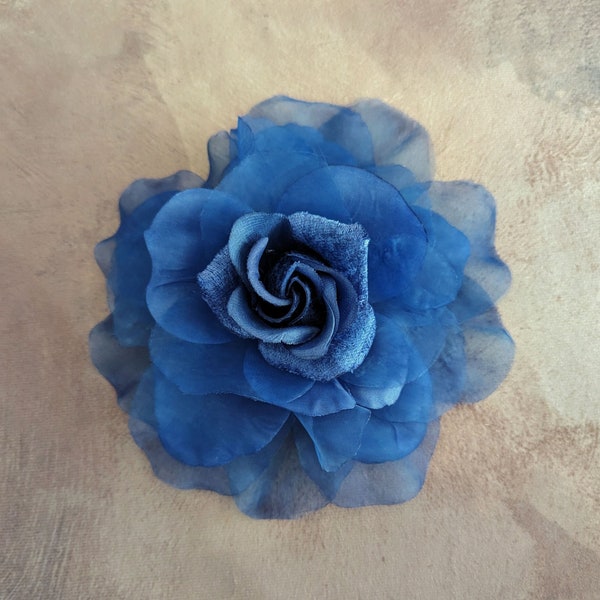 7.5" Royal Blue Rose Satin Organdy Velvet Millinery Flower with Pin for Hats Gowns Sashes Fascinators