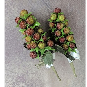 May include: Two sprigs of artificial berries with green leaves and brown berries. The berries are clustered together and have a shiny finish.