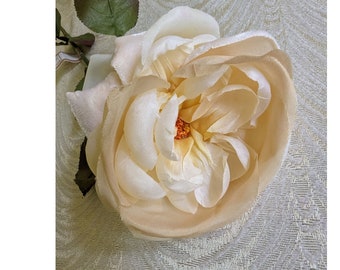 5" Vintage French Rose Ivory Cream Long Stem Satin and Velvet Millinery Flower from Paris for Hats Fascinators Floral Arrangements NOS