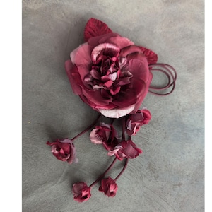 SALE Gorgeous Silk and Velvet Burgundy Mauve Rose with Dangling Buds Handmade for Corsage, Gown Brooch, Sash, Hat, Millinery Flowers