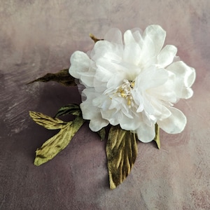 6&quot; Velvet and Organdy Millinery Flower Milky White Peony with Leaves for Fascinators, Hats, Weddings 3FN0092W
