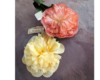 Lot of 2 Vintage Peonies 5" Millinery Flowers Yellow Coral Pink NOS Germany for Hats Fascinators, Bouquets