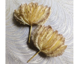 Two Vintage Fringed Silk Fan Leaves Yellow Tan Ombre Faux Feather Millinery Decoration NOS Germany for Costumes Hats Fascinators Altered Art