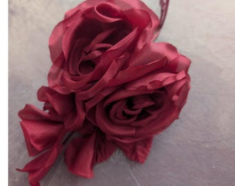 SALE Wine Burgundy Silk Roses and Buds Cluster for Hats, Gowns Handmade Millinery Flowers NOS