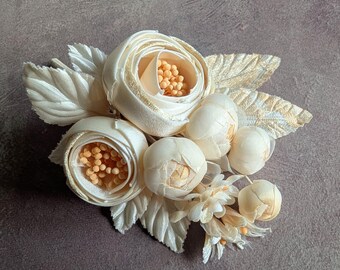 Handmade Silk and Velvet Rose Cluster Forget Me Nots Buttercream Pale Yellow for Corsage, Hats, Millinery Flowers
