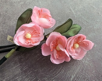 2 Bunches Vintage Cherry Blossoms 4 Pink Millinery Flowers on Stems for Hats, Crafts NOS