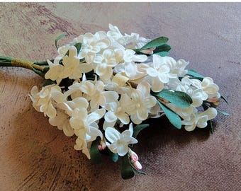 Vintage Aged White Lilac Flowers Fabric Bunch with Pink Pep Buds NOS for Millinery Hats Fascinators, Crafts