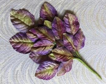 Velvet Leaves Purple, Lavender and Apple Green Ombre Beautiful Spray of 18 Velvet Millinery Leaves 7LN0001PU