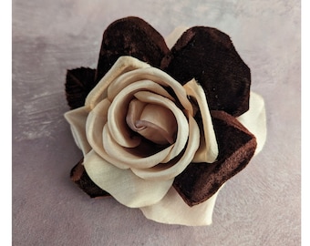 5" Dark Brown and Beige Silk and Velvet Rose Millinery Flower for Hats Fascinators Gowns Costumes