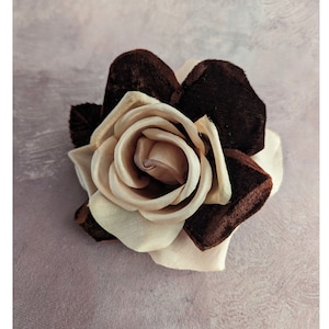 5" Dark Brown and Beige Silk and Velvet Rose Millinery Flower for Hats Fascinators Gowns Costumes