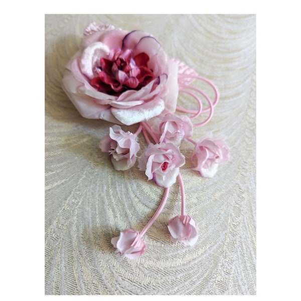 Gorgeous Silk and Velvet Pink Rose with Dangling Buds Handmade for Corsage, Gown Brooch, Sash, Hat, Millinery Flowers