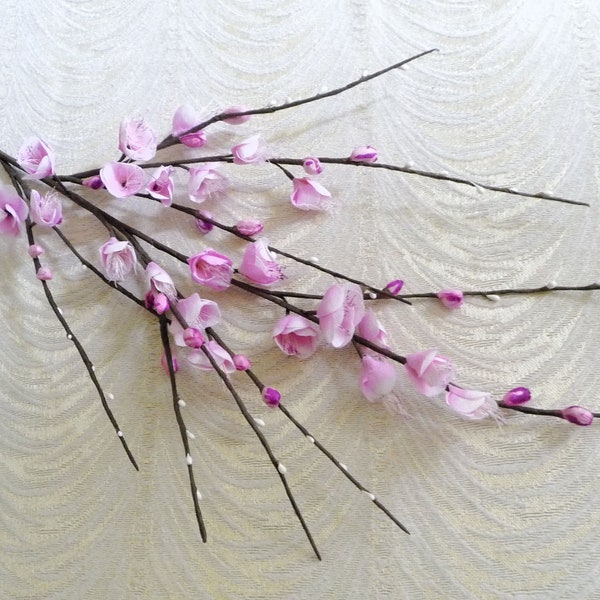Cherry Blossom Branch Light Pink Shaded NOS Vintage Linen Millinery Flowers Buds Pips for Hats Weddings, Floral Arrangements