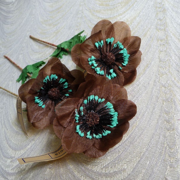 Vintage Millinery Anemone Set of 3 Brown Silk Flower NOS Germany for Hats Fascinators Crowns Brooch Crafts