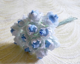 Vintage Rosebuds Tiny Millinery Flowers NOS Bunch of 12 Antique White Blue Roses for Weddings Corsage  Hair Clips Head Band 3FV0090B